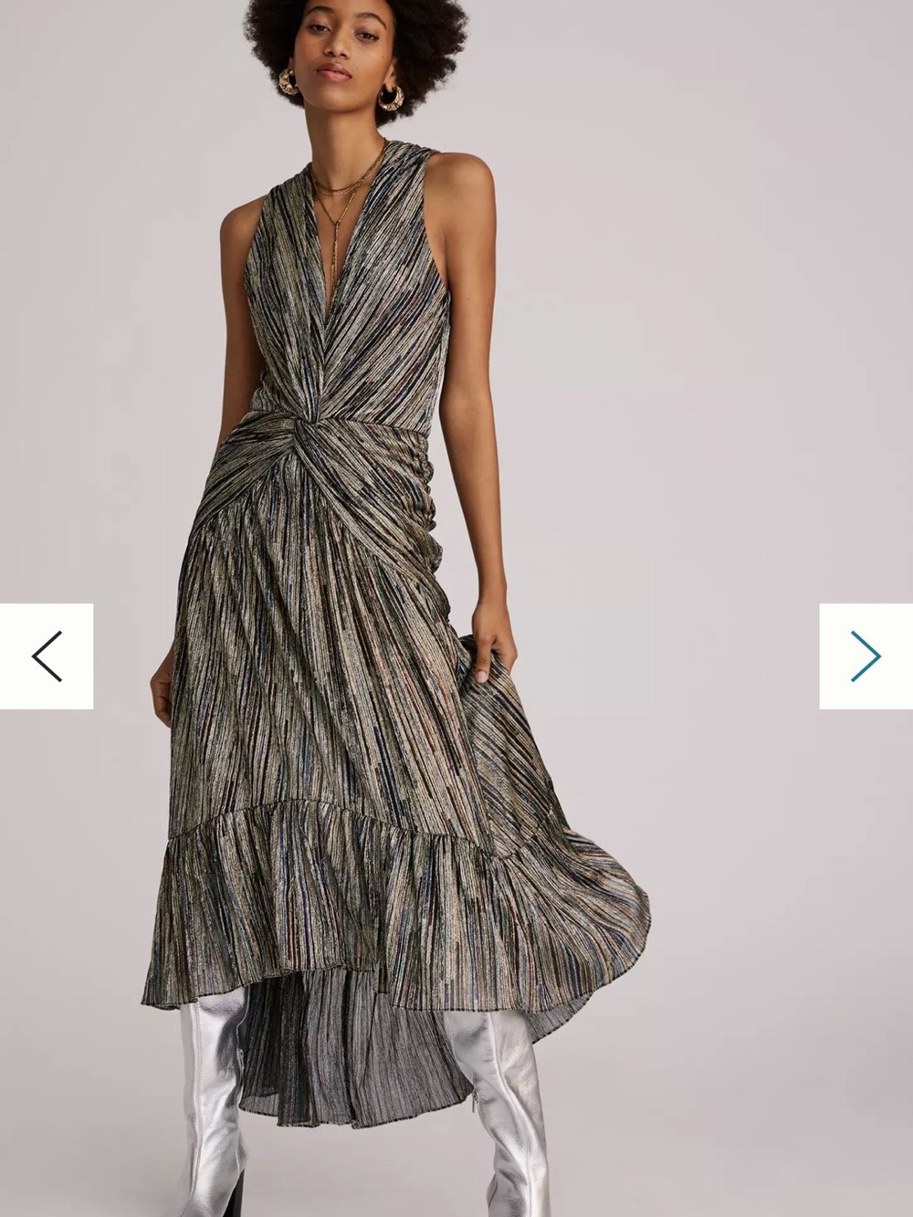 MISA Los Angeles Ava Metallic Plunge Neck High-Low Long Maxi